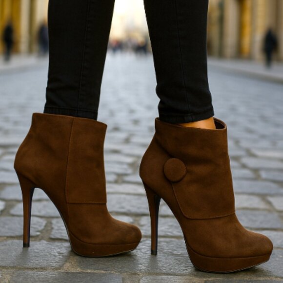 INDIGO -- Brown Ankle Bootie with Platform and Side Zip, Button Detail, NWOT - Picture 1 of 12